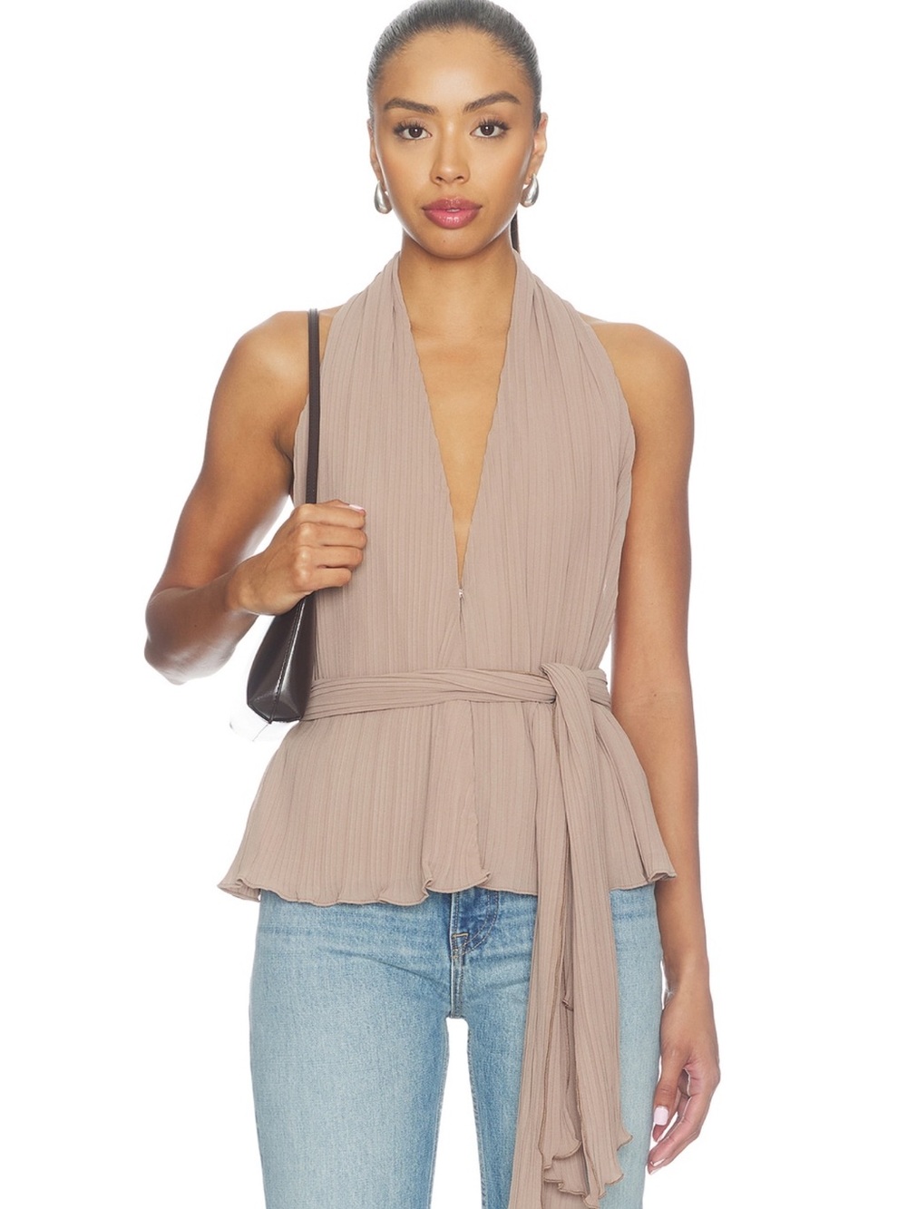 Sleeveless Taupe Halter Tie-Waist Top